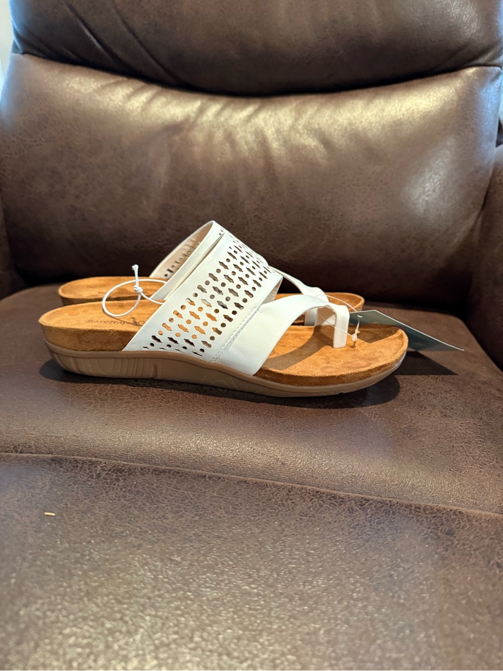 BareTraps White Perforated Slide Sandals with Tan Footbed - Picture 3 of 7
